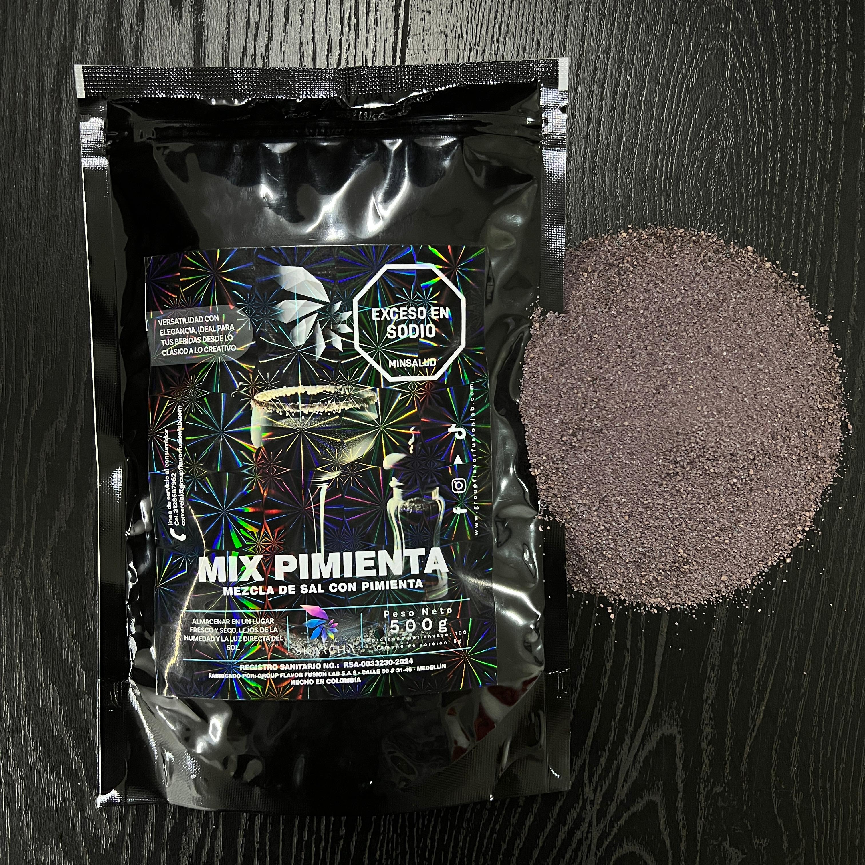 Bolsa Skarcha sal pimienta 250g — escarchador para bordes de cocteles, fondo blanco